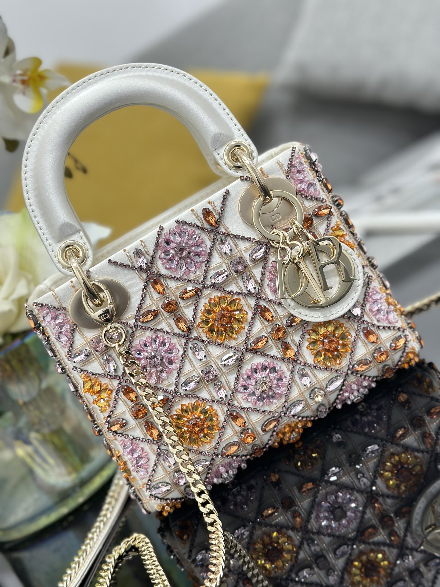 Mini Lady Dior Bag White Satin Embroidered with White Pink Diamond